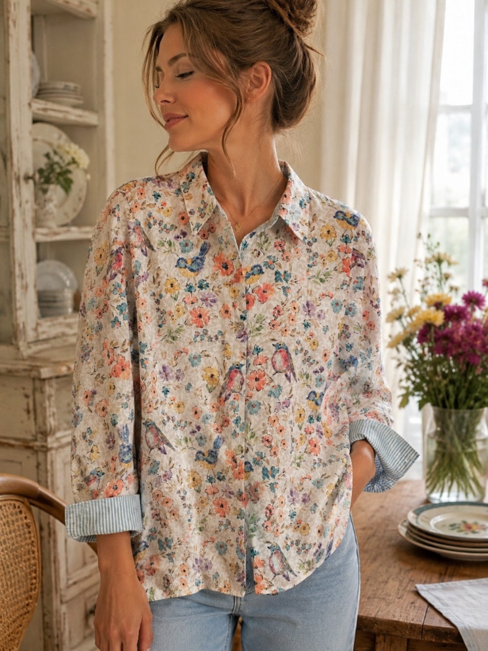 Alfred Dunner Floral Bird Contrast Trim Button Front Shirt Cottagecore M